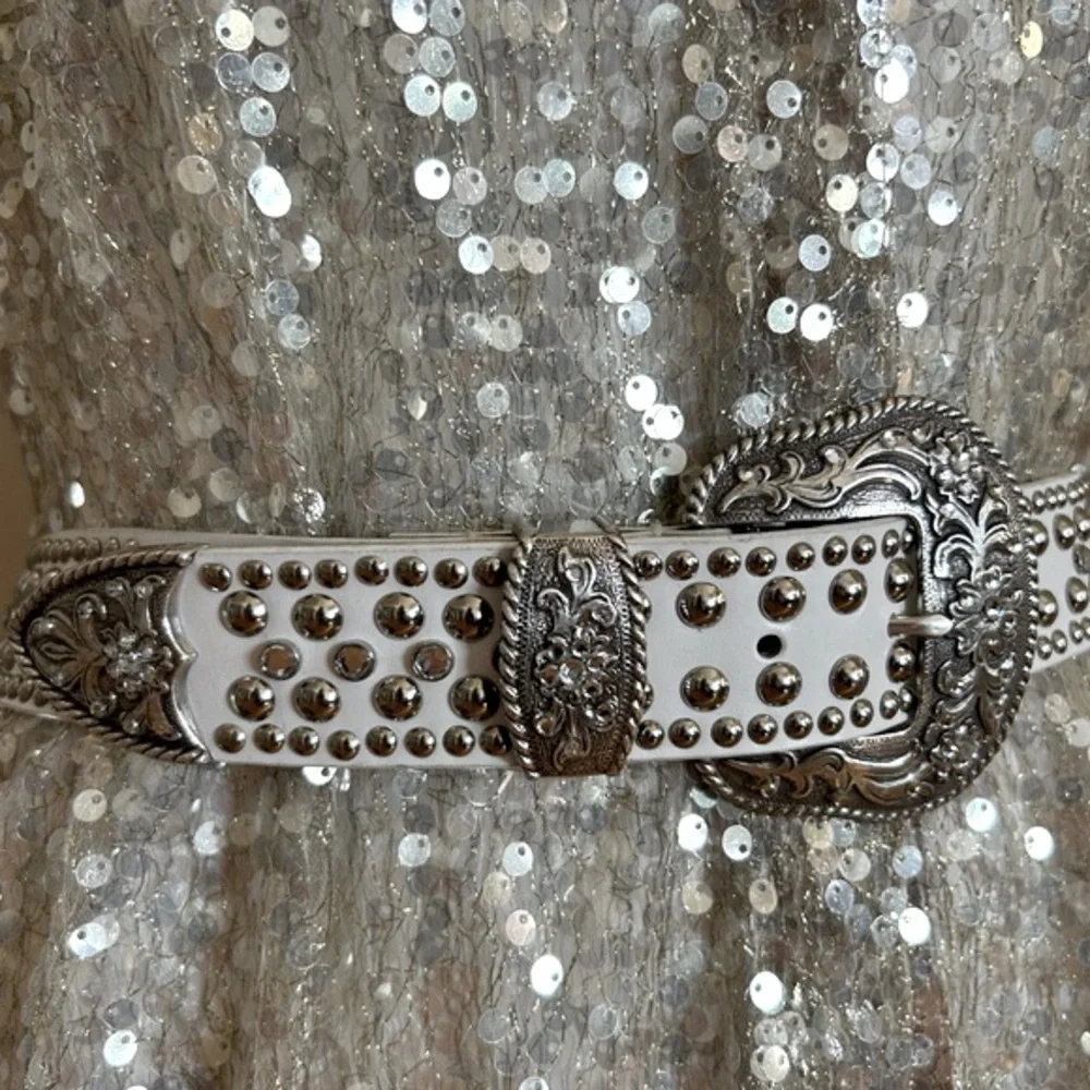 Vintage Rhinestone Western Cowgirl Belt White 1996 Silver Buckle Silver Studs